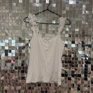 J.Crew White Ribbed Ruffle Tank Top | Button Detail NWT